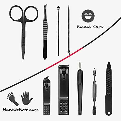 Manicure Set 9 in 1 Stainless Steel, Nail Clippers Scissors Pedicure Tools Kit - Portable Travel Grooming Kit for Men and Women with Leather Case (Red-BIG Nail Clipper)