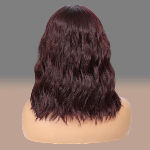 WAVE&BREEZE Short Wavy Ombre Red Wig with Bangs for Women Short Curly Bob Wine Red Hair Wig Synthetic replacement Wigs Costume Cosplay Wig for Daily Wearing(14'' Ombre Red)