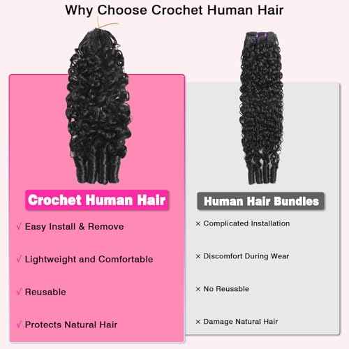 Beauty Queen 3C4A Burmese Curly Human Crochet Hair 18inch 60g Knotless Pre-Separated Feather Crochet Real Human Hair Lightweight Reusable Remy Hair Extensions for Women Natural Black Color