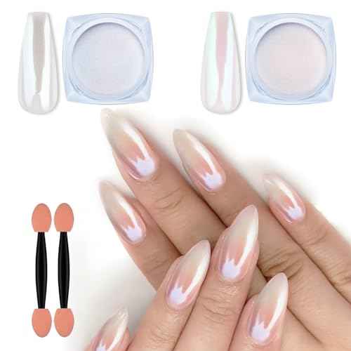 Artdone 2 Jars Chrome Nail Powder White and Red Pearl, Iridescent Aurora Powder Metallic Mirror Effect Pigment Pearlescent Mermaid Pearl Dust Kit, Decoration Acrylic Resin Craft