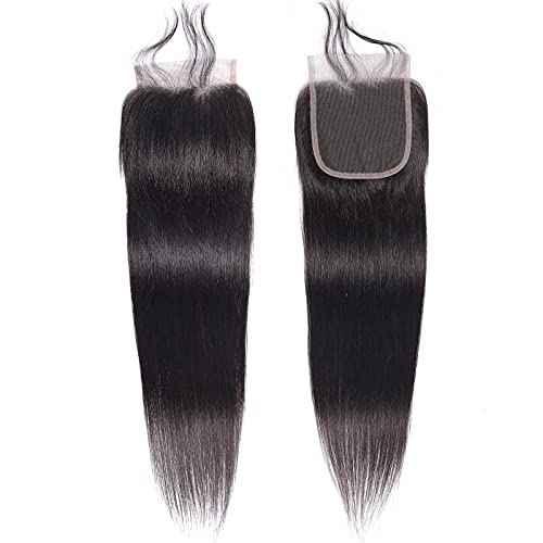 Peruvian Straight Hair Bundles Human Hair Bundles with Closure(18 20 22+14)Unprocessed Virgin Human Hair 3 Bundles with Closure 10A Straight Remy Hair Weave Bundles with 4x4 Lace Closure Natural Color