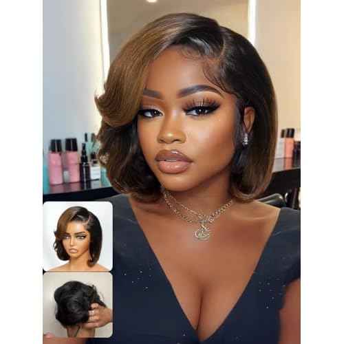 Nadula Glueless Bye Bye Knots Short Bob Drawstring Wig human Hair with Blow Out Bangs, Black to Chestnut Brown Ombre Pre Cut 7X5 HD Lace Front Wigs Pre Plucked Bleached Knots Ready to Wear 10inch