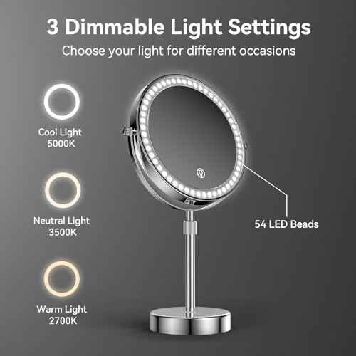 Nicesail LED Lighted Makeup Mirror Tabletop, 10X Magnifying Mirror with 3 Color Lights, Brightness Adjustable Height, Light up for Desk Make up Vanity Table, Double Sided Chrome Finish (8 Inch, 10X)