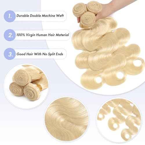 613 Bundles Human Hair 14 16 18Inch Blonde Body Wave Bundles 100% Unprocessed 16A Brazilian Virgin Hair 3 Bundles Human Hair Body Wave Hair Extensions for Women can be Dyed Bleached