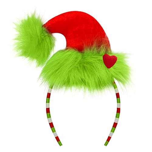 Green Furry Headband Christmas Hat Headband with Red Heart Cute Headpiece Funny Novelty Costume Accessories Christmas Party Favors Women Men