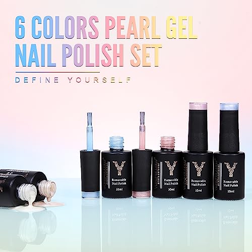 YOKE FELLOW Pearl Gel Nail Polish Set, 6 Pcs 10ML White Champange Pink Purple Blue Shimmer Mermaid Soak Off UV Led Gel Polish Shell Thread Effect for Women Girls