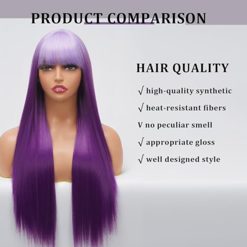 Sabosi Long Blue Black Hair Synthetic Wigs with Bangs Long Straight Hair Wig Cosplay Wig Split Color Synthetic Wigs Heat Resistant Fiber Costume Halloween Party Wigs for Women