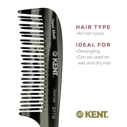 Kent 21T Black Graphite Large Detangling Comb, Wide Teeth for Thick Curly Wavy Hair. Long Hair Detangler Comb For Wet and Dry. Handmade of Quality Cellulose, Saw-Cut Hand Polished, Made in England