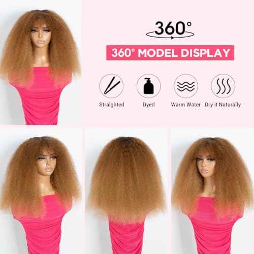 Rebecca Fashion Afro Kinky Curly Wig with Bangs Human Hair Minimalist 2.5x1 Lace Scalp Wig for Women Glueless Wear and Go Wigs Ombre Dark Brown to Honey Blonde Color