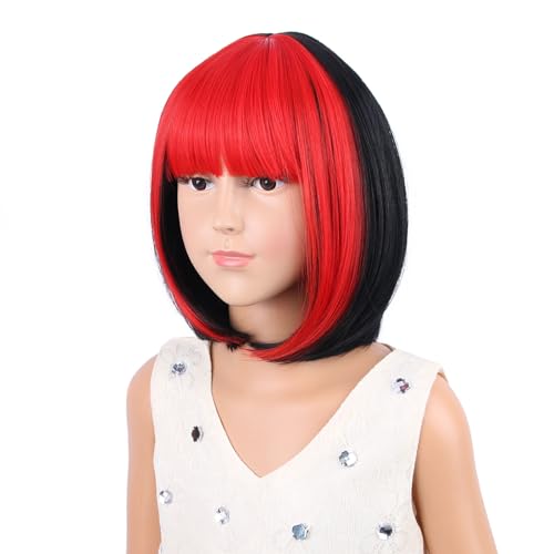 Edivd Girls Black Mixed Red Bob Wig Short Black and Red Bob Wig with Bangs for Kids Heat Resistant Synthetic Wig with Wig Cap