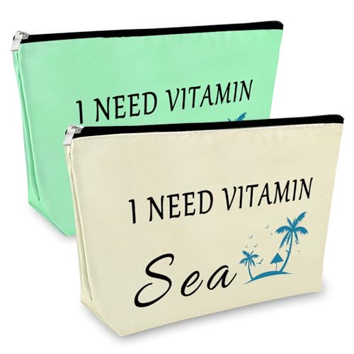 2Pcs Beach Lovers Gift Makeup Bag Funny Sea Lovers Gifts for Women Beach Themed Gifts for Women Besties Weekend Gift Vacation Travel Gift for Girls Teen Birthday Graduation Gift Beach Bag(Green,Beige)