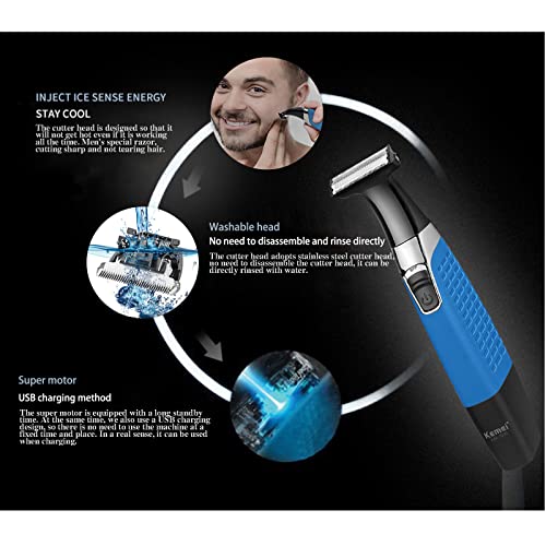 KEMEI Electric Razor, Beard Trimmer Men, Waterproof Beard Grooming,Cordless USB Rechargeable Body Groomer and Hair Remover for Eyebrow, Beard Facial& Body Hair for Men and Women,Blue