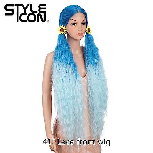Style Icon 41" Ombre Blue Lace Front Wigs Long Wavy Synthetic Wigs with Baby Hair Ombre Blude Bohemian Style Half Hand Tied 130% Density Wigs (41", GT BLUE/BLUE5)