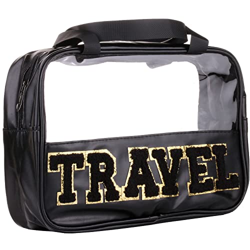 CRUOXIBB Chenille Letter Clear PVC And PU leather Large Travel Cosmetic Toiletry Storage Bag Waterproof Makeup Tote Bag Organizer Bag for Women(TRAVEL-Black)