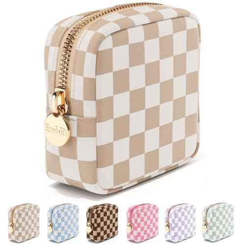 Embla Makeup Bag Travel Cosmetic Bag, Toiletry Bag, Cute Makeup Organizer, Nylon Zipper Pouch Purse Storage Bag Cosmetics Organizer, Womens Make Up Bag Mini Makeup Bags (Sand Checkered)