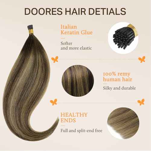 DOORES I Tip Hair Extensions, Balayage Chocolate Brown to Caramel Blonde 50g/50s 24 Inch, Itip Extensions Human Hair For Women Human Hair Cold Fusion Hair Extensions Straight Itip Extensions