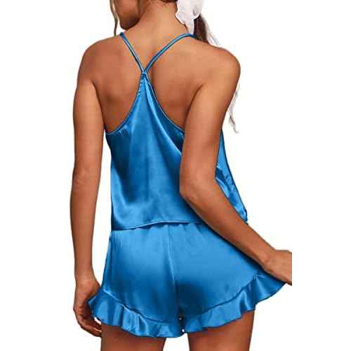 CHYRII Women's Sexy Silk Satin Ruffled Pajamas Sets Cami Shorts Sets Sleepwear