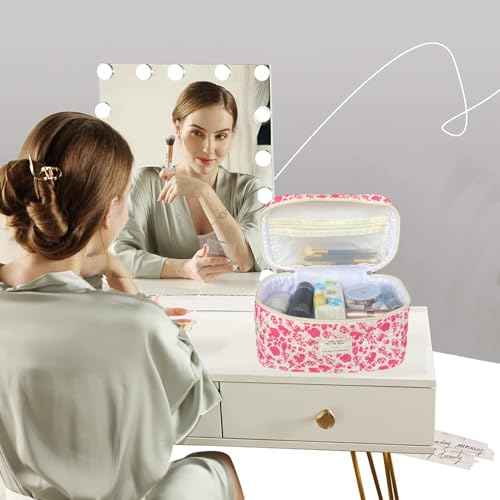Rose Red Large Quilted Floral Makeup Bag Cute Soft Coquette Aesthetic Cosmetic Bag Cotton Travel Toiletry Bag for Women