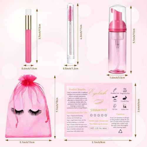 50 Pcs Lash Shampoo Bottle Brushes Set 10 Empty Foam Pump Dispensers 10 Label Stickers 10 Mascara Wands Tubes 10 Cleansing Brush 10 Bag for Eyelash Extensions Aftercare(Rose Red)