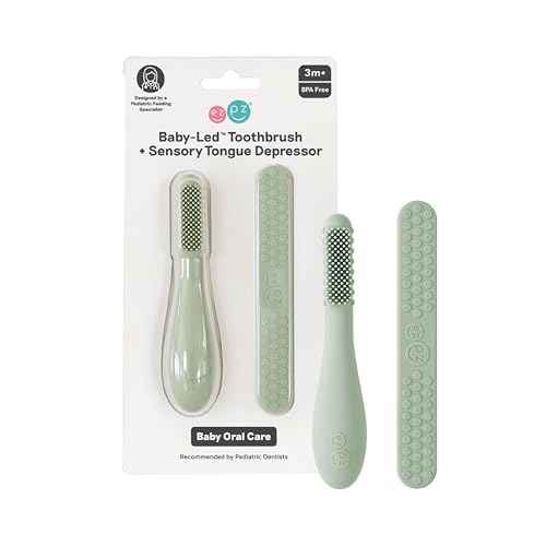 ezpz Baby-Led Toothbrush + Tongue Depressor Dual Pack (Sage) - 100% Silicone Toothbrush + Silicone/Stainless Steel Tongue Depressor - Helps Set-up Infants for a Healthy Oral Care Routine