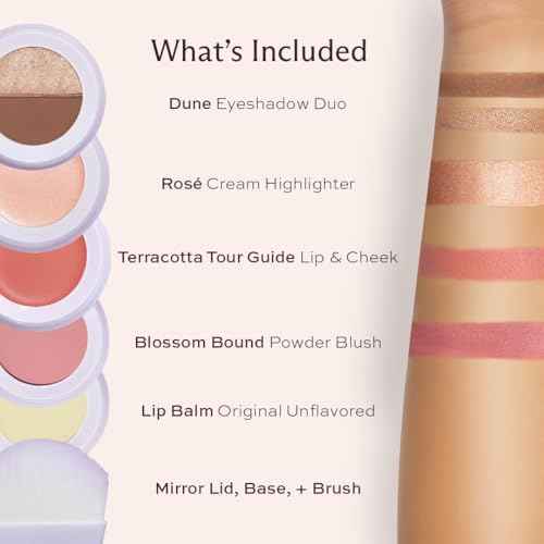 Subtl Staks 5-in-1 Travel Makeup kit by subtl beauty - eyeshadow duo, powder blush, cream highlighter, lip and cheek, lip balm - free travel mirror and brush - stackable makeup for travel