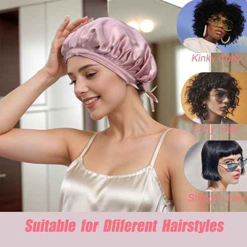 Cocheng 100% Mulberry Silk Bonnet Double-Sided Sleep Cap with Adjustable Ribbon 19 Momme Silk Bonnet for Sleeping (Bean Pink)