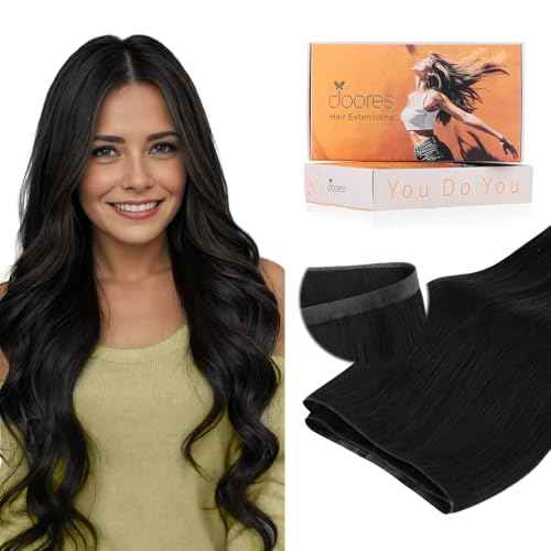 DOORES Tape in Weft Hair Extensions Human Hair, Natural Black 18 Inch 50g, Genius Seamless Extensions Long Wide Genius Seamless Weft Tape in Instant Install