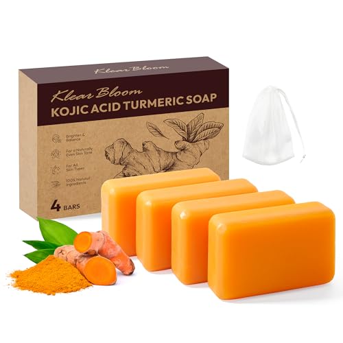 Kojic Acid Soap, Turmeric Soap Bar for Dark Spots Brightening & Moisturizing with Collagen, Vitamin E, Retinol, Hyaluronic Acid, Shea Butter, Paraben & Sulfate-Free 105g x4 Bars