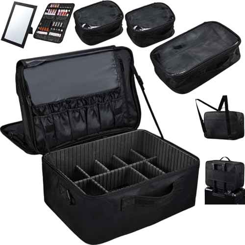 Adazzo Extra Large Makeup Case 8.5¡± Deep Professional Cosmetic Organizer Box Brush Holder with 3 Clear Set Bags/Lipstick Plate for Makeup Artists with Shoulder Strap/Adjustable Dividers/Luggage Sleeve