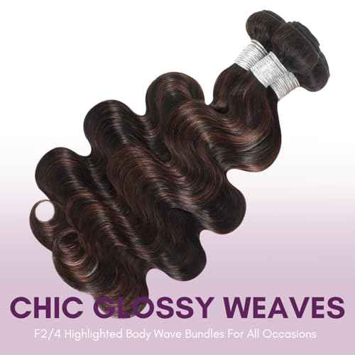 Brown Highlighted Bundles with 2x6 Closure Body Wave Human Hair, 12A Thick #F4/2 Dark Brown with Chestnut Highlight Human Hair Bundles and 2x6 Hd Lace Kim K Closure Long Deep Part 12 14 16+10 In