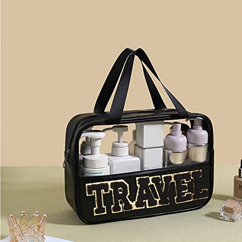 CRUOXIBB Chenille Letter Clear PVC And PU leather Large Travel Cosmetic Toiletry Storage Bag Waterproof Makeup Tote Bag Organizer Bag for Women(TRAVEL-Black)