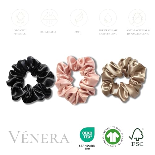 VÉNERA Silk Scrunchies - 100% Pure 22 Momme Mulberry Silk Hair Ties (Espresso-Cream-Caramel)