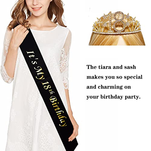 Happy 18th Birthday Tiara and Sash Gifts Crystal Rhinestone Princess Crown Birthday Girl Party Favor Supplies Gold Crowns Black Sash