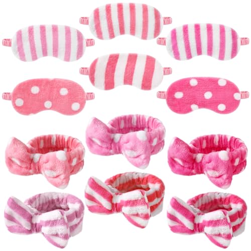 Kajaia 12 Pcs Sleepover Party Favors for Woman, Spa Headband for Washing Face Bow Makeup Headbands, Plush Sleep Eye Mask for Single Women Spa Pajama Party Supply(Bright)