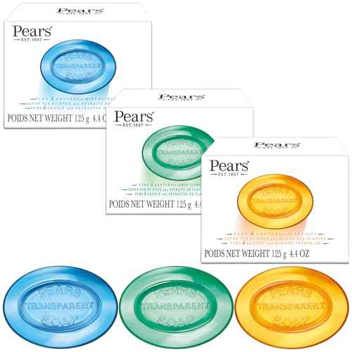 Pears Glycerin Soap Bar Variety 3-Pack, Transparent Green, Blue, and Amber Bars for Soft, Glowing Skin, 4.4 Oz Ea