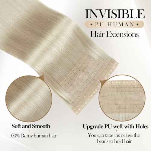 Micro Ring PU Hair Extensions Remy Human Hair Extension Platinum Blonde Glueless Skin Weft Human Hair Extensions PU Invisible Tape in Hair Extension for Women (70g 8Pcs,20 Inch)