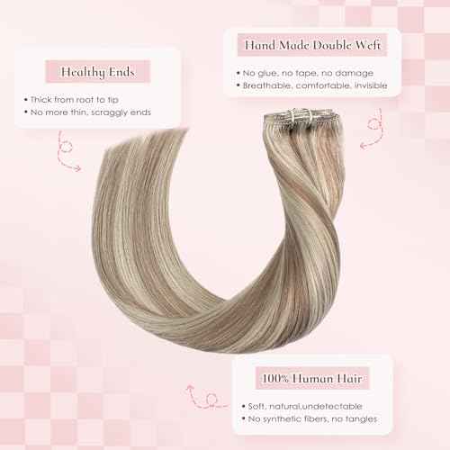 20 Inch Clip in Real Human Hair Extensions, P8/60 Ash Brown Highlights Platinum Blonde Remy Thick Invisible Straight Clip Hair,Seamless,95 Gram 7 Pieces With 16 Clips