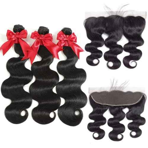 12A Human Hair Bundles with Frontal 18 20 22 with 16 Inch Brazilian Body Wave 3 Bundles Human Hair with 13x4 HD Lace Frontal Closure 100% Unprocessed Virgin Human Hair Weave