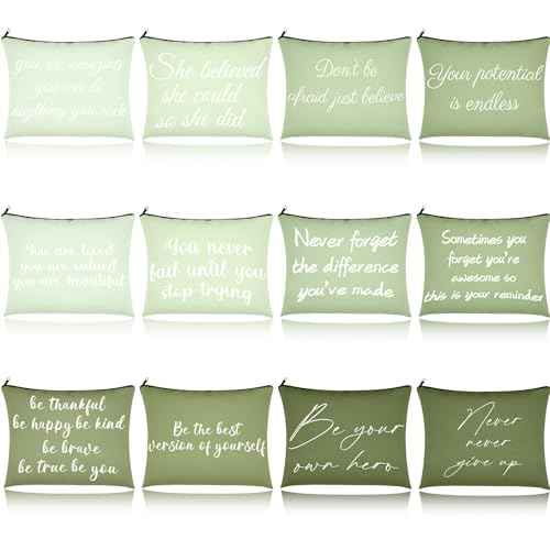 12 PCS Pink Inspirational Canvas Makeup Bags Bulk Makeup Bags for Women Inspirational Quotes Cosmetics Bags with Zipper Gift for Valentine's Day Christmas Graduation (Green)