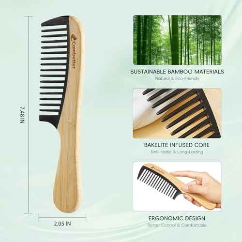 Bamboo Detangling Comb, Anti Static Comb for Curly, Thick, Think Hair & Beard, Eco-Friendly Durable Bakelite Infused Hair Comb for Women,Men (Wide Tooth with Handle)