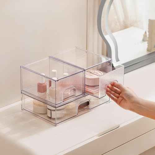 Clear Stackable Desk Storage Drawers, 3 Pack Acrylic Bathroom Makeup Organizers, Easily Assemble All Purpose Plastic Bins for Brightroom, Pantry Organization, Vanity, Undersink, Cabinet