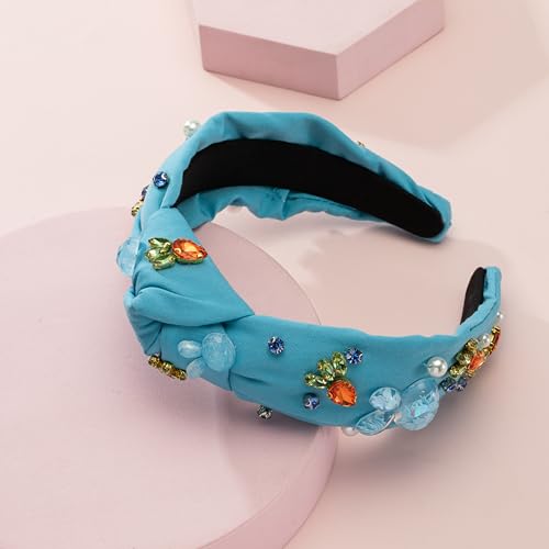 Mixcbe Easter Bunny Jeweled Knotted Headband - Peeps Rabbits Crystal Pearl Carrot Embellished Blue Headband Wide Top Knot Hairband Hair Accessories Easter Spring Birthday Gift for Women Girls