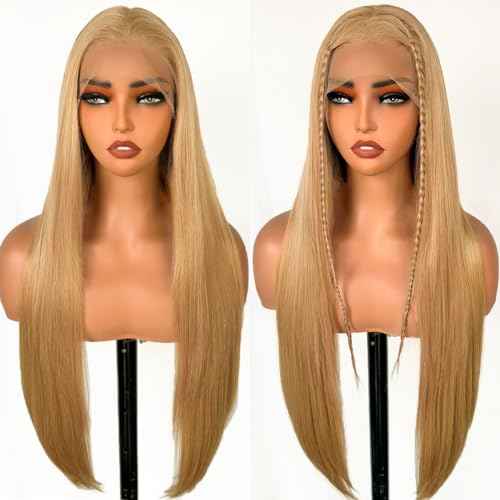 SOKU 13x6 Strawberry Honey Blonde Lace Front Wigs,32 Inch Long Straight Synthetic Hair with Pre Plucked Hairline,Free Part Silky Straight Glueless Lace Frontal Wig for Women Beginner Friendly