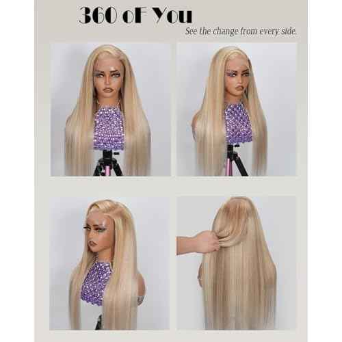 Ombre Ash Blonde Lace Front Human Hair Wigs for Women,Pre Plucked13x6 HD Ombre Highlight Light Brown and Ash Blonde Straight Lace Wig Bleach Knots with Baby Hair 24 Inch Wear and Go Remy Wig