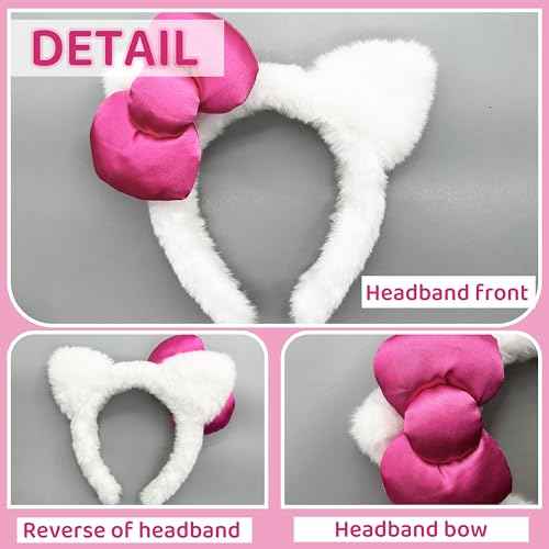 Kitty Headband White Cat Ears Hair Accessories with Pink Bow Birthday Party Costume Christmas Gifts for Women
