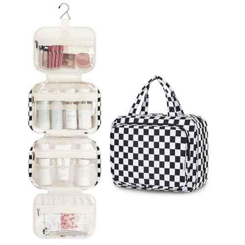 Narwey Hanging Toiletry Bag for Women Travel Makeup Bag Organizer Toiletries Bag for Travel Size Essentials Accessories Cosmetics (Black Checkerboard (Medium))