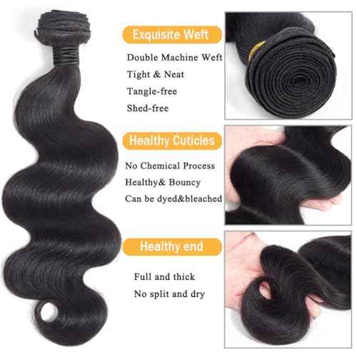 12A Body Wave Human Hair Bundles with Closure 18 20 22Inch Brazilian Body Wave 100% Unprocessed Virgin Human Hair Extensions 3 Bundles with 4x4 Lace Closure Free Part Natural Black Color