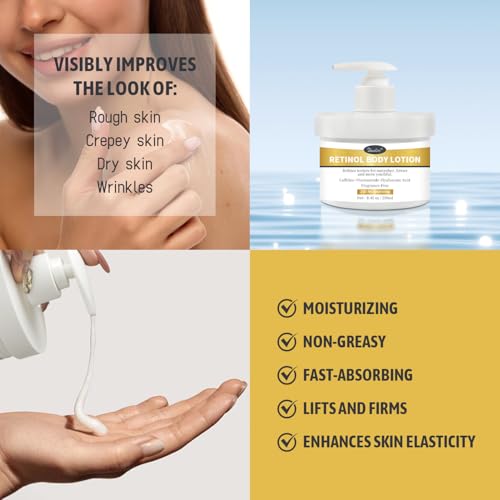 Retinol Body Lotion Fragrance-Free, Anti-Aging Firming Body Cream and Face Moisturizer with Niacinamide Hyaluronic Acid & Shea Butter, Helps Diminish the Look of Crepey Skin for Women & Men 8.45 oz