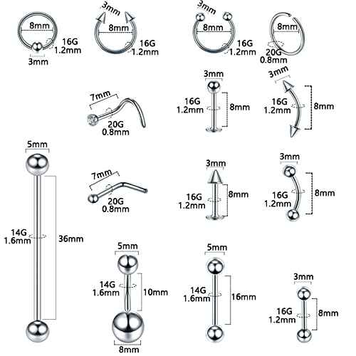 120PCS Body Piercing Kit Surgical Steel 14G 16G 20G BCR CBR Labret Lip Rings Cartilage Daith Earrings Nose Septum Nose Studs Belly Button Rings Piercing Jewelry Needles Gloves Clamps Tools