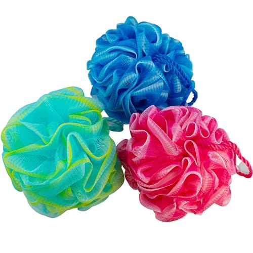 Bath Loofah Set, 3 Pack Shower Pouf Body Sponges with Suction Cups, Exfoliating Bath Accessories for Men and Women, Multicolor